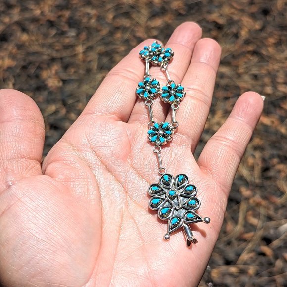 Zuni Chain Necklace and Earrings Set Kingman Turquoise Cluster Native American** - Picture 7 of 9
